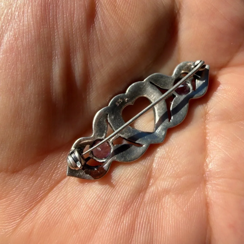 Vintage 925 Sterling Silver Marcasite Pin With Purple Stones